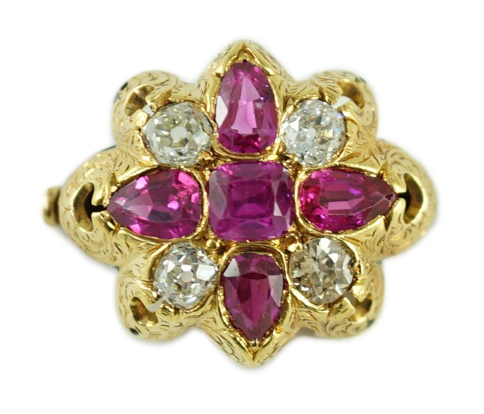 An early 20th century gold, four stone ruby and four stone diamond set brooch (adapted)